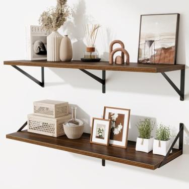 Imagem de Acovy Prateleiras flutuantes profundas de nogueira para parede, 91 cm L x 25 D Prateleiras de parede de madeira com suportes de metal, prateleira flutuante de armazenamento suspensa para sala de estar