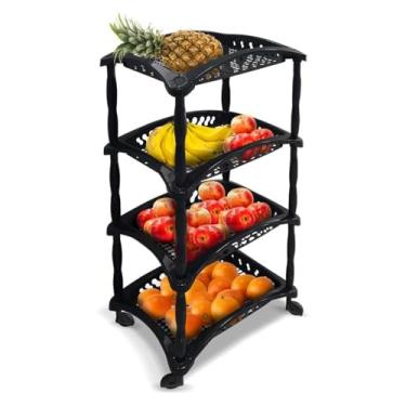Imagem de Fruteira Vertical 4 Andares Com Rodas, Organizador Telado Preto, Plástico Resistente, Para Frutas e Legumes