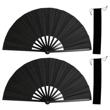 Imagem de 2 peças de leques dobráveis preto, leque dobrável grande para dança, (33,3 cm) 33,3 cm, moldura de madeira e tecido de seda, com armazenamento de bolsas, ventiladores artesanais dobráveis para shows