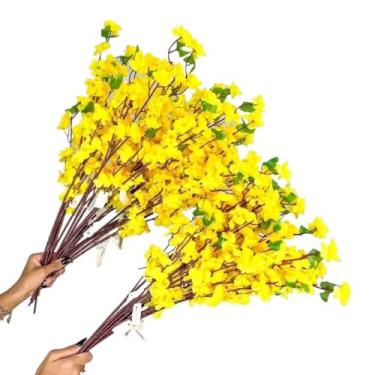 Imagem de Kit 10 a 40 Hastes De Flores De Cerejeira Artificial 65cm Flor Pessegueiro Estilo Oriental Para Decoração (20,Amarelo)
