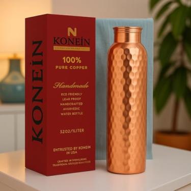 Imagem de KONEIN Garrafa de água 100% cobre, design de acabamento fosco diamante, (1000 ml), garrafa de cobre ayurvédica para água potável com benefícios para a saúde da natureza, à prova de vazamentos, durável