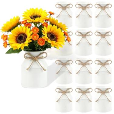 Imagem de Pansente 12 vasos rústicos de 13 cm lata de leite galvanizada de metal com laço, balde de flores vintage, adequado para centro de mesa, aniversário, casamento, festa de aniversário, arranjo floral