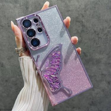 Imagem de Capa de celular com glitter, areia movediça, lantejoulas, borboleta, gradiente, para Samsung S24 Ultra S24 Plus, capa protetora de lente de luxo, rosa, para Galaxy S24Ultra