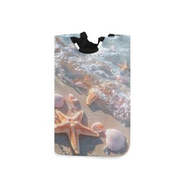 Imagem de Blueangle Cesto de lavanderia dobrável de areia e conchas com alças – Saco de cesto de roupa impermeável dobrável | Solução de armazenamento de roupas que economiza espaço para dormitório doméstico