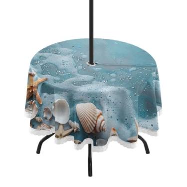 Imagem de Blueangle Toalha de mesa redonda à prova d'água de 152 cm com concha de estrela do mar e praia de verão com orifício para guarda-chuva – Tecido resistente à prova de sol para todos os climas