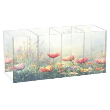 Imagem de SEHANY Porta-canetas de acrílico com flores silvestres coloridas, 4 compartimentos, porta-lápis transparente, organizador de pincéis de maquiagem, organizador de papelaria para escritório, casa