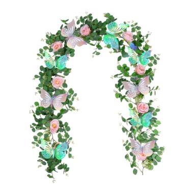 Imagem de WeiLaiKeQi Decoração de guirlanda de flores artificiais, videiras de eucalipto artificiais, 70,87 polegadas com borboleta para caminho de mesa, sala de cerimônia, Style E