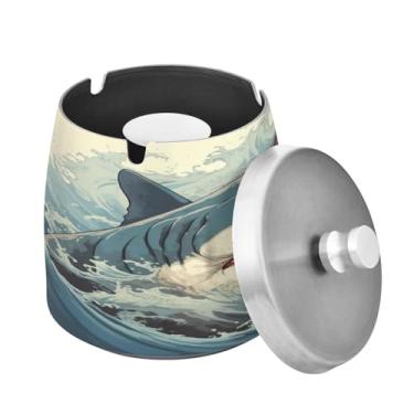 Imagem de Blueangle Cinzeiro de tubarão com tampa para cigarros, à prova de vento/chuva, aço inoxidável, sem fumaça, inodoro, cinzeiro para uso interno ou externo (521)