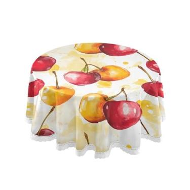 Imagem de SEHANY Toalha de mesa redonda em aquarela cereja 152 cm, tecido lavável sem rugas, toalha de mesa redonda com renda decorativa para restaurante, casamento, acampamento, festa de cinco de maio