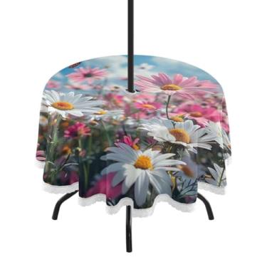 Imagem de Blueangle Toalha de mesa redonda impermeável com margaridas e borboletas de 152 cm com orifício para guarda-chuva - Tecido resistente à prova de sol para todos os climas para pátio, acampamento