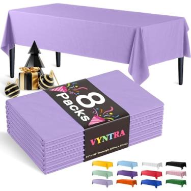 Imagem de Vyntra Toalhas de mesa descartáveis de lavanda de plástico retangular de 137 x 262 cm, pacote com 8 – capas de mesa de festa para aniversário, casamento, formatura e chá de bebê – impermeável, à prova