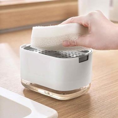 Imagem de Dispensador de sabão tipo prensa com suporte de esponja - dispensador de líquido de lavagem de louça para bancada de cozinha, bomba de sabão para limpeza de pia
