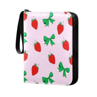 Imagem de Wassud Fichário de 4 bolsos Strawberries and Green Bows para cartões colecionáveis 400 cartões padrão à prova d'água TCG CCG MTG álbum presentes para colecionadores, meninos e meninas