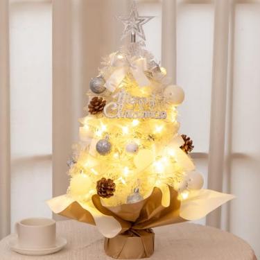 Imagem de Mini árvore de Natal para mesa, 6 m/59,9 cm pequena árvore artificial com luzes, enfeites para pendurar, enfeite de árvore de estrela para decoração de mesa de jantar de bar de casa de Natal - branca