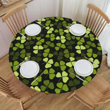 Imagem de BOXIMIAO Toalha de mesa redonda verde folhas de trevo com borda elástica capa de mesa impermeável reutilizável para férias, cozinha, festa, pátio, P (101,6 cm-111,8 cm)