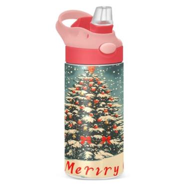 Imagem de YETTASBIN Garrafa de água de árvore de Natal para crianças, 340 g, à prova de vazamento, parede dupla, isolada, copo de viagem com tampa de canudo para meninas, meninos e crianças