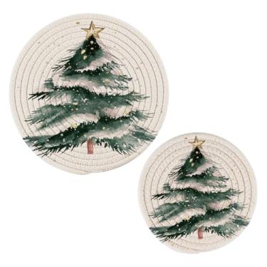 Imagem de Wassud Conjunto de trivet de árvore de Natal com neve para pratos quentes, suportes redondos de algodão, almofadas quentes, porta-copos elegantes, decoração de cozinha e acessórios, 2 peças