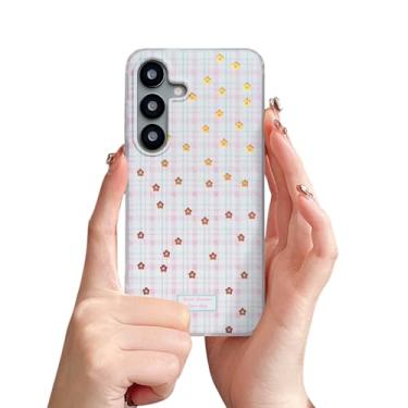 Imagem de Fycyko Capa compatível com Samsung Galaxy S25/S24 com glitter a laser linda estampa floral quadriculada design brilhante estética feminina meninas brilhante capa protetora para câmera rosa