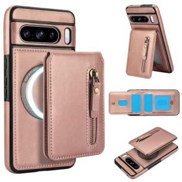 Imagem de Carteira removível compatível com carregamento sem fio Magsafe para Google Pixel 8 Pro com suporte para cartão, bolso com zíper, suporte 2 em 1 à prova de choque (ouro rosa)