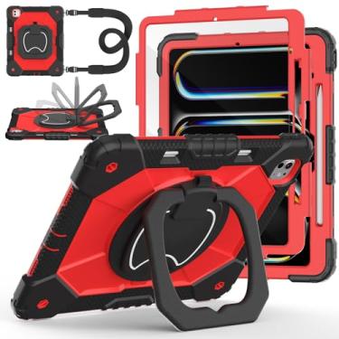 Imagem de Capa para iPad Pro 13 polegadas M5 2025 / M4 2024, Auorld para iPad Pro 13 polegadas M5 2025 com protetor de tela, suporte giratório de 360 graus, alça de ombro, suporte para lápis, preto e vermelho