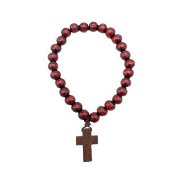 Imagem de Blue Drop Pulseira de cruz para homens e mulheres, pulseira de rosário de madeira com contas de oração, joia cristã religiosa, IN, Sem Pedra Preciosa