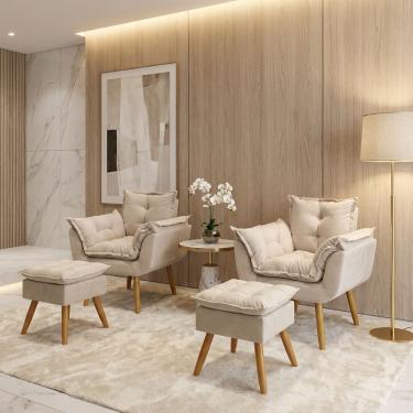 Imagem de Kit 2 Poltronas Decorativa e 2 Puffs Para Sala Recepção Manicure Consultório Quarto Alice Tecido Suede