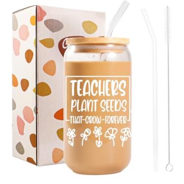Imagem de Bliceon Conjunto de copos Teacher Appreciation - Caneca de café de vidro de 473 ml com tampa e canudo - para presentes de professores, presentes de formatura