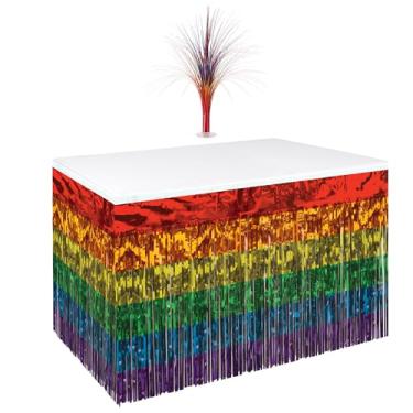 Imagem de Beistle Conjunto de decoração de festa arco-íris – Saia de mesa metálica e peça central de spray multicolorida, decoração vibrante para eventos de orgulho, aniversários, formaturas, festivais e