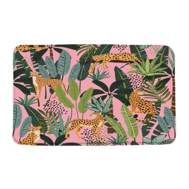 Imagem de VPUPCN Tapete de banho de folhas de palmeira leopardo rosa guepardo tigre grande gato tropical selva animal planta safári boho estética moderna microfibra espuma memória tapete de banheiro capacho