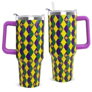 Imagem de Nqhsionv Copo de carnaval de carnaval com alça 1,134 g Caneca de viagem de café Happy Carnival de aço inoxidável com isolamento térmico presentes de decoração de carnaval