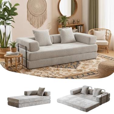 Imagem de Sofá-cama conversível, sofá-cama de 196 cm tamanho casal com apoios de braço em forma de L, sofás-cama queen size para sala de estar pequena para sala de estar, quarto, chenille, cinza claro