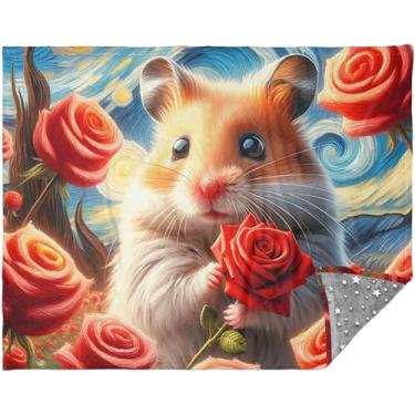 Imagem de TSENQUE Cobertores e mantas de noite estrelada de flor de hamster personalizados para sofá 177,8 cm x 139,7 cm Cobertores de sofá de pelúcia para mulheres cobertor xadrez cinza