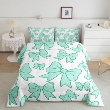 Imagem de jejeloiu Conjunto de edredom com laço estético, tamanho casal, kawaii, bownkot, coquete, para mulheres, adolescentes, feminino, edredom respirável, macio, leve, microfibra, azul-petróleo claro