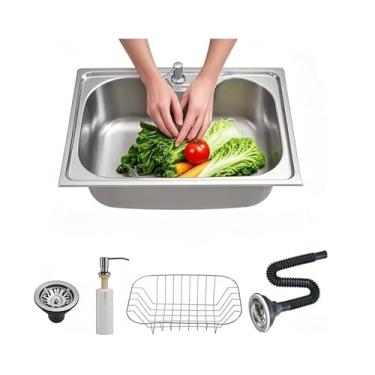Imagem de Cuba Gourmet Inox 304 para Cozinha com Acessórios | Pia Quadrada Escovada com Sistema Antirruído | Instalação Embutir ou Sobrepor (60 * 42 * 21CM(Com Dosador Limpeza)