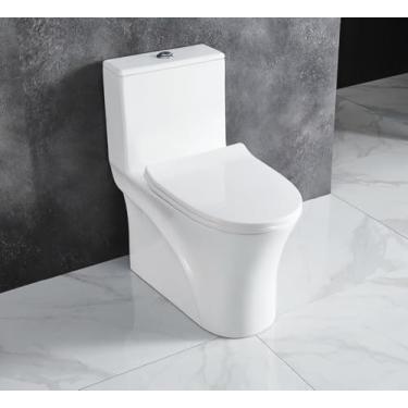 Imagem de Vaso sanitário alongado de uma peça com assento de cadeira confortável Altura ADA 42 cm, Power Dual Flush 0,8/1,28 GPF, vaso sanitário de banheiro, vaso sanitário branco brilhante padrão nano