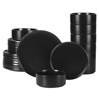 Imagem de GZG Série clássica – Conjunto de pratos e tigelas para 8, conjunto de 24 peças de louça de grés, para micro-ondas e lava-louças, sem chumbo, conjunto de pratos de cerâmica feitos à mão - preto fosco