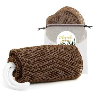 Imagem de 1 peça de esponja de rede esfoliante africana, esfregão traseiro de tira longa, acessórios de banho de chuveiro esfoliante corporal (café escuro)