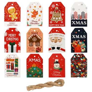 Imagem de 48 etiquetas de presente de Natal com 50 fios de juta pré-cortados, desenhos sortidos de feliz Natal e feliz ano novo para embrulho de presente (S586)