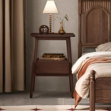 Imagem de Mesa de cabeceira moderna de madeira com prateleira de armazenamento, marrom escuro, mesa de cabeceira