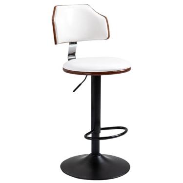 Imagem de Banquetas de bar com altura de balcão para ilha de cozinha, bancos de bar giratórios ajustáveis com encosto estofado de couro sintético moderno banco de bar branco conjunto de 1