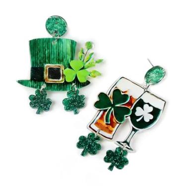 Imagem de Brincos femininos de carnaval com pingente de chapéu de carnaval com glitter verde brincos leves para presentes de festa de carnaval, Large, Plástico, Sem pedra preciosa