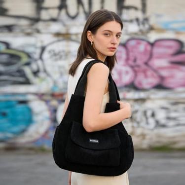 Imagem de Bolsa de ombro preta média, bolsa tiracolo prática com textura de veludo cotelê, bolsa leve e elegante para mulheres, compras diárias, passeios na rua