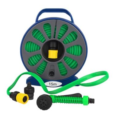 Imagem de Mangueira Plana 15 Metros com Enrolador Manual e Bico Pulverizador 7 Jatos Multifuncionais Ideal para Jardim, ResidÊncias e Condomínios - E-FCS Store