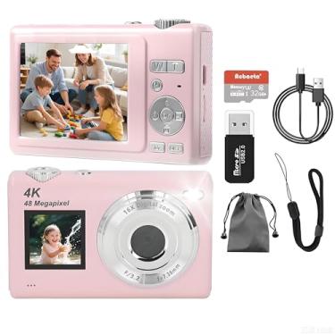 Imagem de Câmera Digital,Fotográfica 48MP 4K,Câmera Compacta para Vlogs com Tela Dupla, Cartão de 32 GB, Zoom Digital de 16x e Estabilizador de Imagem, Ideal para Iniciantes (Rosa)