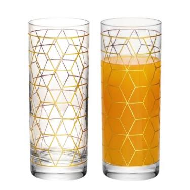 Imagem de Jogo 2 Copo Alto de Vidro para Drink 330ml Transparente Dourado Cube W
