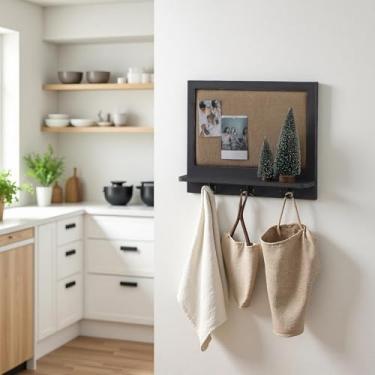 Imagem de SOFE Quadro de avisos de linho com 3 ganchos de suporte de chave de ponta dupla (preto)