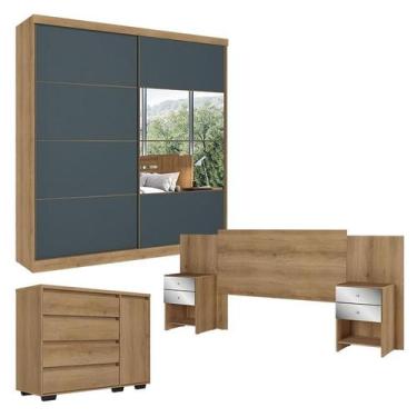 Imagem de Guarda Roupa Casal Malaga Glass 2 Portas Capuccino Azul com Cômoda com