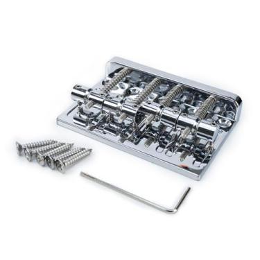 Imagem de OVSAL Ponte para baixo elétrico com selas de aço inoxidável, placa de liga de zinco, ponte fixa de 4 cordas compatível com peças de reposição para ponte de baixo de precisão Fender Jazz (cromada)