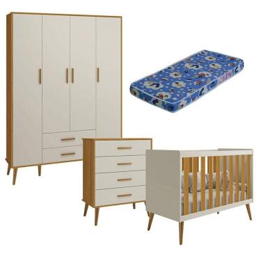 Imagem de Quarto De Bebê Isis 4 Portas Com Gaveteiro Areia Acetinado Savana Com Colchão Ortobom - Reller