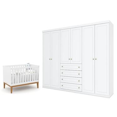 Imagem de Berço Americano Unique Branco Soft Eco Wood - Matic E Guarda Roupa Casal Americano 6 Portas Branco Hp - Henn